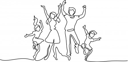 Continuous one line drawing. Happy family mother and father dancing with children. Vector illustration. Concept for logo, card, banner, poster, flyer