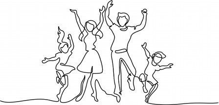 Continuous one line drawing. Happy family mother and father dancing with children. Vector illustration. Concept for logo, card, banner, poster, flyer