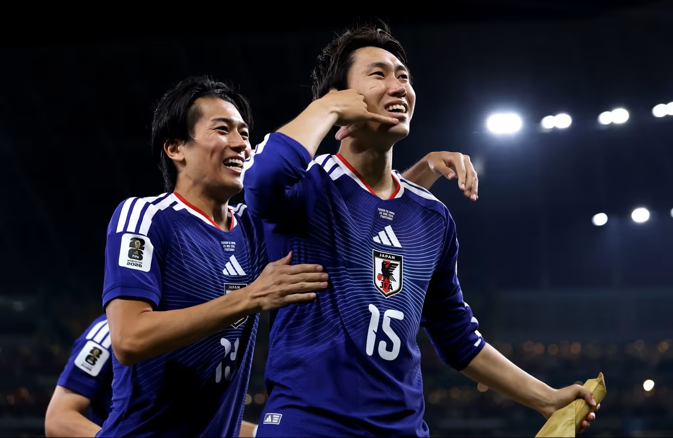 Daichi-Kamada-of-Japan-celebrates-scoring-his-team-s-first-goal-during-the-FIFA-World-Cup-2026-Group-F-match-between-Tunisia-and-Japan